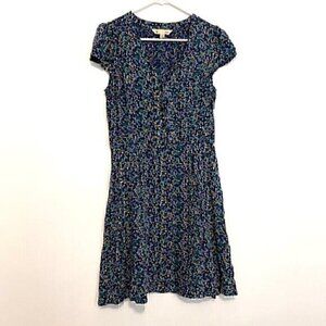YUMI Navy Blue Teal Floral Short Sleeve Babydoll Fit Flare Dress UK 12 US 6 / 8